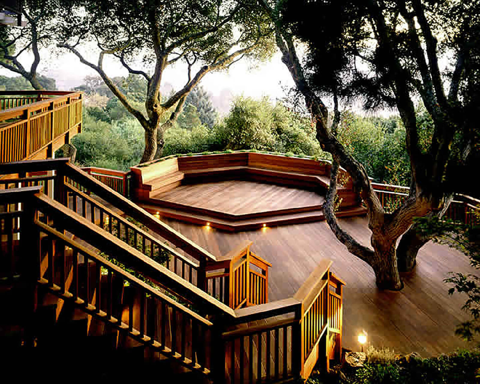 Lavish wrap-around deck with wooden stairs leading to lower wooden deck, with a tree coming through the deck. Gorgeous