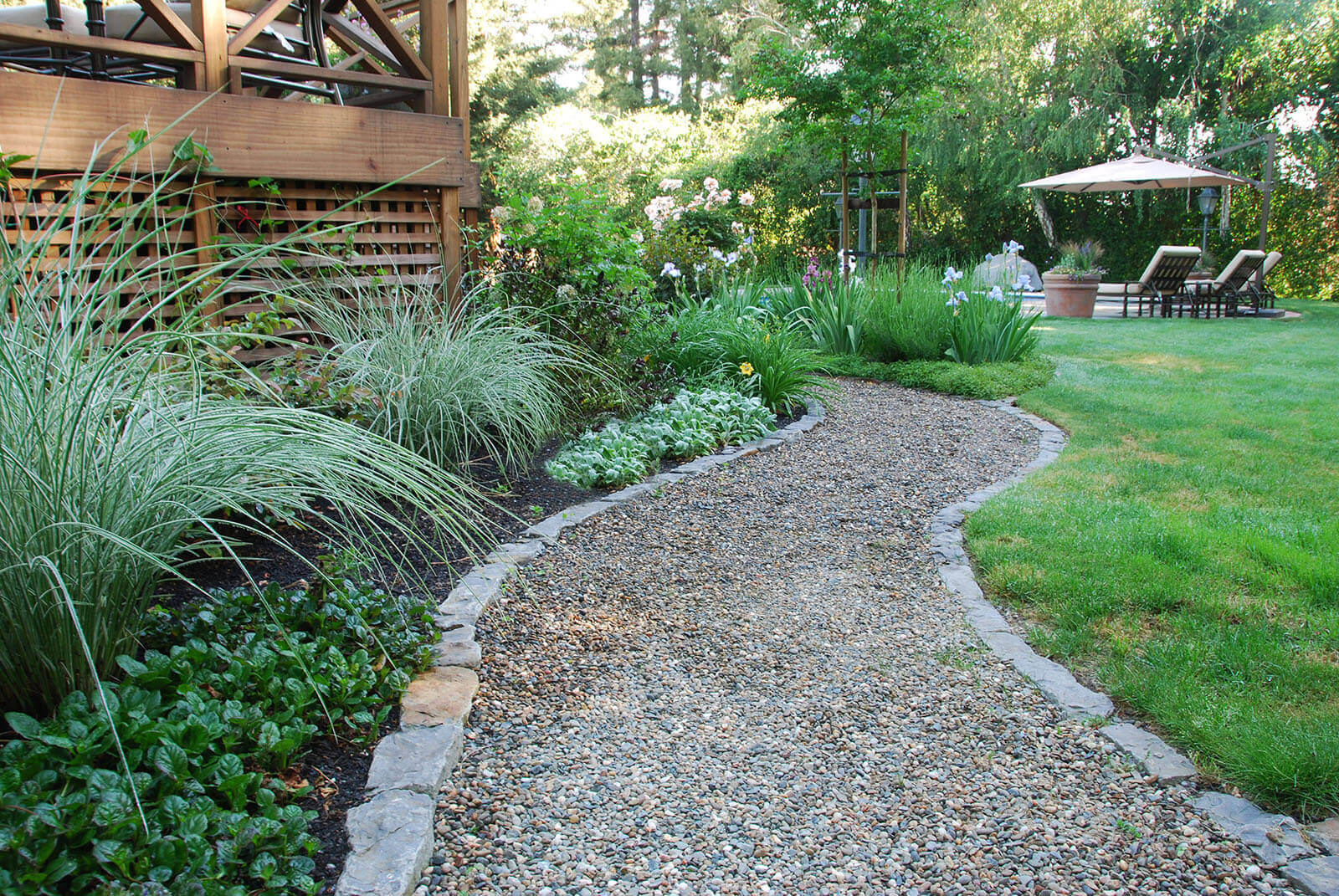 rock-lined gravel pathway, running through the yard