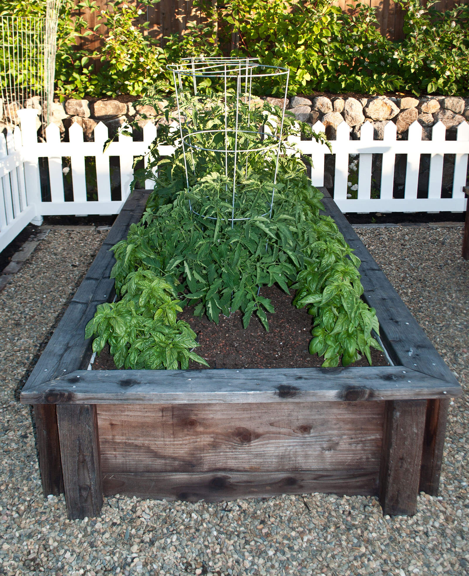 rustic wooden raised bed with white picket fence