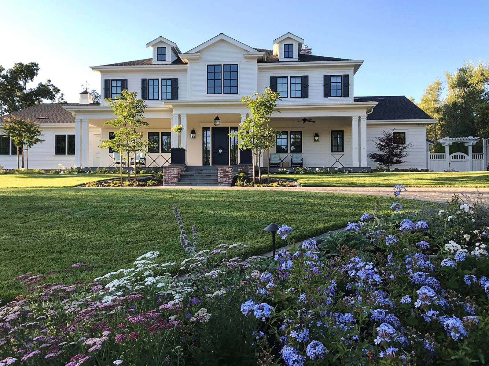 Large sprawling front yard with clustered blue, violet, and white flowers, and large shaded front porch