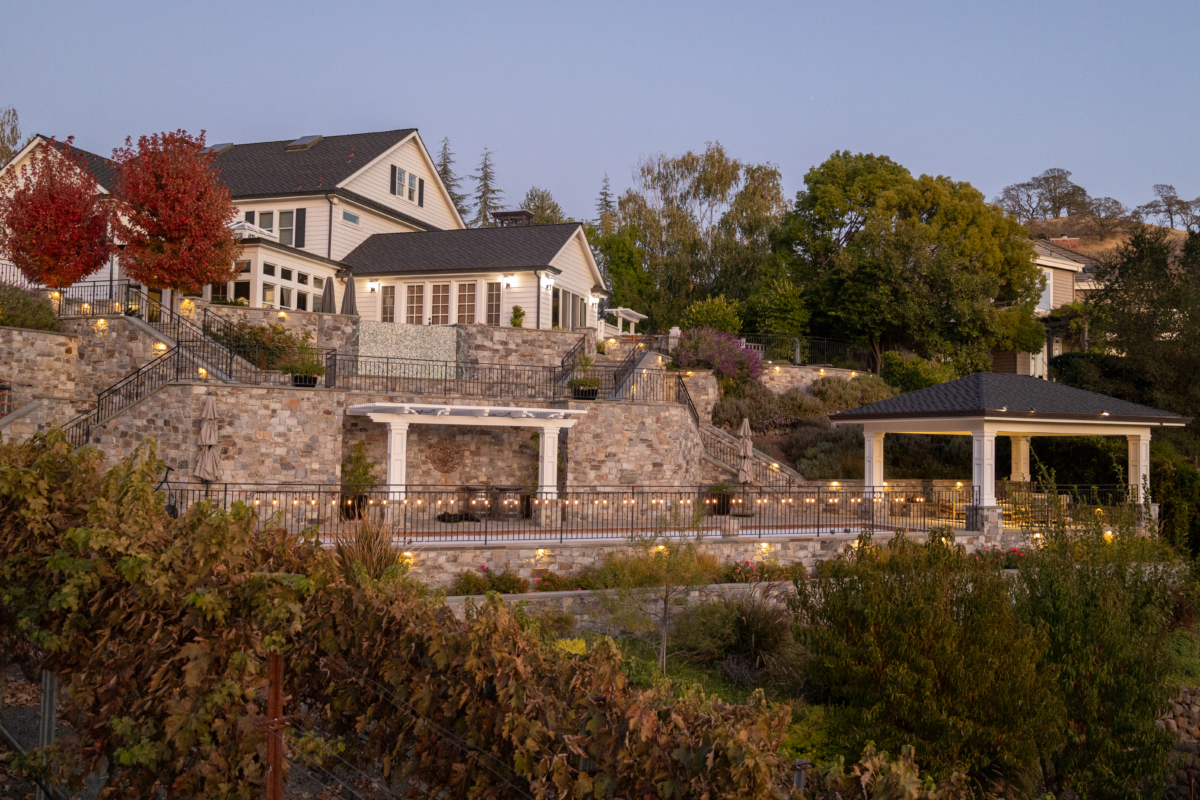 Landscape lighting sconces on a stone staircase