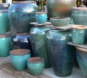 A collection of blue glazed pots ideal for water gardens