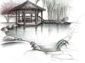 Design sketch showing a gazebo by a natural pool, drawn by the designers of J. Montgomery studios