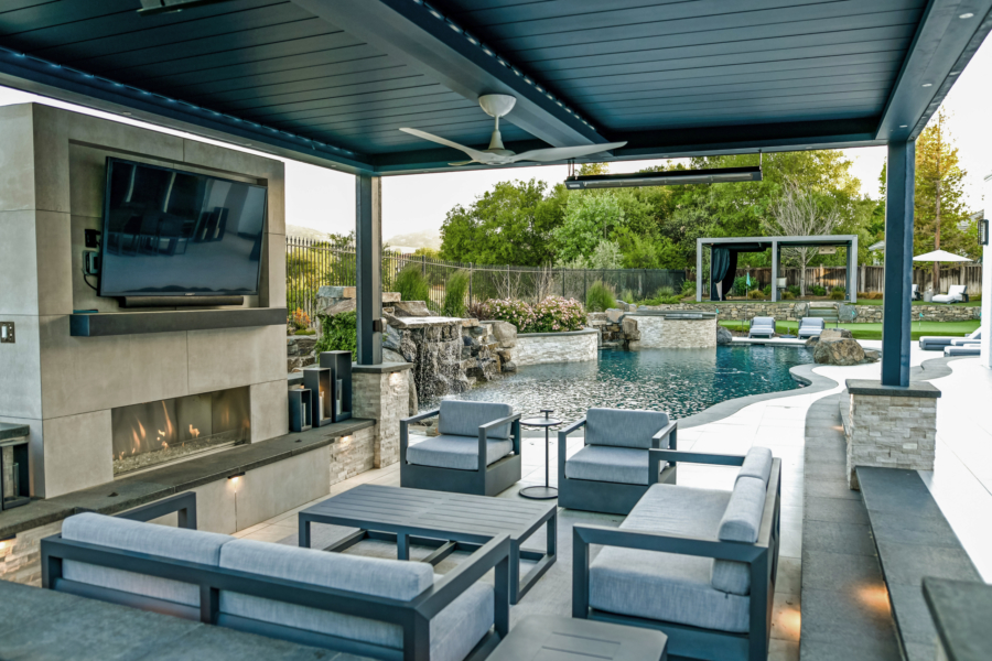High-tech outdoor living space with louvered pergolas and clean lines