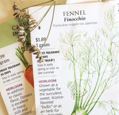 heirloom seed packets of fennel and carrots