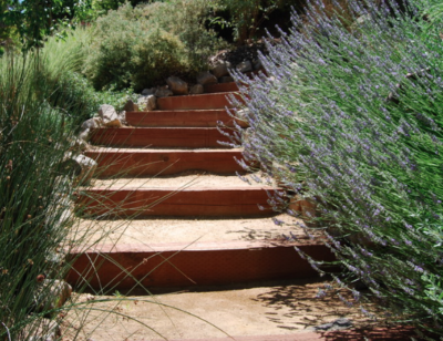 Timber and decomposed granite steps leading uphill