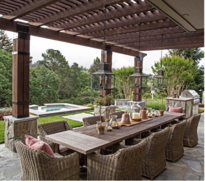 Indoor outdoor dining patio with shade structure, set with rustic tabletop decor